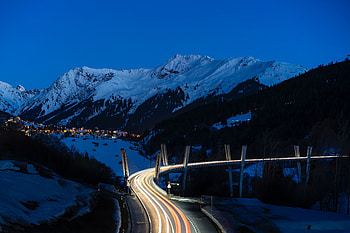 Nature, Mountains, Night, Road, Snow Covered, Snowbound, Long-Term Exposure HD wallpaper