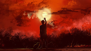 Sunset, Art, Cat, Silhouettes, Human, Person HD wallpaper