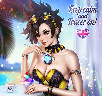 Tracer pinup, art, ayyasap, girl, ice cream, hand, summer, tracer, fantasy, pinup, luminos HD wallpaper