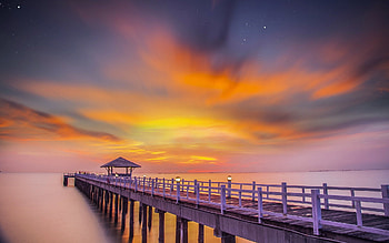 Ocean Pier Sunset, ocean, sunset, nature HD wallpaper