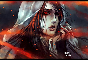With rainy eyes, hoodie, person, red eyes, long hair, red nails, woman, digital, abstract, hop, dark hair, red HD wallpaper