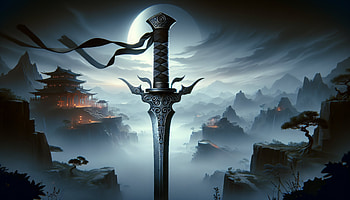 Ninja Sword Amidst Mystical Mountains, ninja sword, sword, mountain, moon, temple HD wallpaper