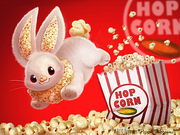 Hopcorn, bunny, white, fantasy, red, popcorn, piper thibodeau, funny, rabbit HD wallpaper