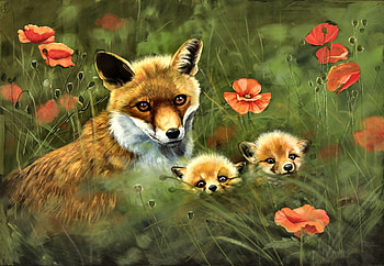 Fox Mother and Kits F, animal, art, beautiful, kits, artwork, wide screen, wildlife, painting, flowers, canine, foxes HD wallpaper