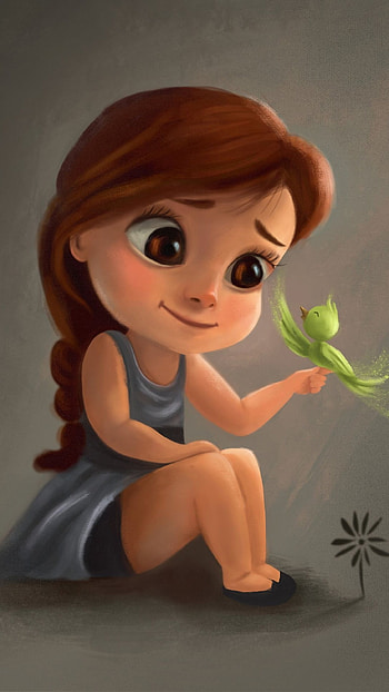 Cute Cartoon Girl, Little Parrot, smiles HD phone wallpaper