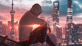 Hoodie Boy Sitting Alone At House Top , hoodie, alone, artist, artwork, digital-art HD wallpaper