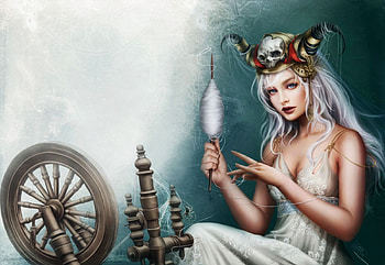 Clotho, cap, yarn, artwork, digital, spinning wheel, girl HD wallpaper