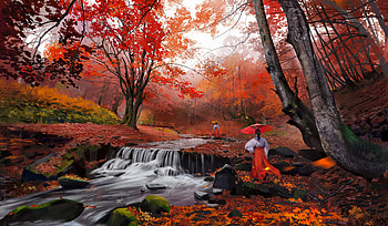 Orange flower rain, fall, autumn, girls, forest, foliage, walk, creek, art, asian, exotic, beautiful HD wallpaper