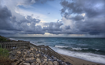Nature, Rocks, Shore, Bank, Stairs, Ladder, Mainly Cloudy, Overcast, Descent, Railings, Handrail HD wallpaper