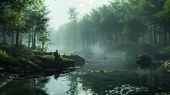Secluded Fishing Serenity: A Ultra, fishing, forest, water, mist HD wallpaper