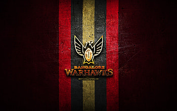 Bangalore Warhawks, golden logo, Elite Football League, purple metal background, indian football team, Bangalore Warhawks logo, american football HD wallpaper