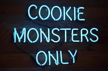 COOKIE MONSTERS ONLY, background, blue, black, neon, sign, monsters, lights, cookie HD wallpaper