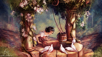 The wishing well, dove, bird, glimpen, art, disney, girl, spring, snow white the wishing well, fanart, fantasy, flower, luminos, princess HD wallpaper