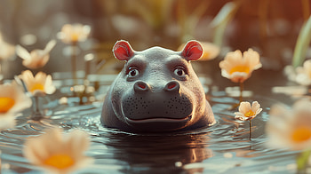 Charming Hippo in Ultra, Animal, hippo, water, flower, Wildlife HD wallpaper