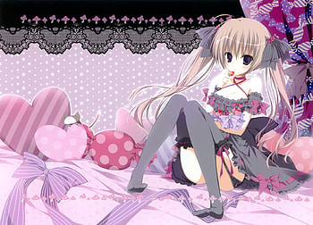 animeeeeee, strawberry, frills, long hair, dress, highres, purple eyes, no shoes, twintails, original, black thighhighs, bow, inugami kira, sweets, girl, pillow, brown hair, blush, heart, hair ribbon, solo HD wallpaper
