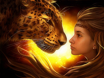 ~Face-to-Face~, model, eyelashes, face to face, beautiful girls, weird things people wear, digital art, people, backgrounds, leopard, manipulation, big wild cat, face, softness beauty, girls, hair, lovely HD wallpaper