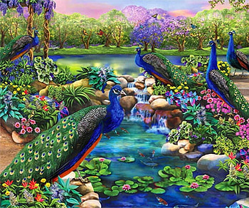Peacocks, blue, art, paun, bird, green, garden, peacock, water HD wallpaper