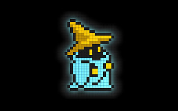 8-Bit Black Mage, magic, black background, glow, final fantasy, pointy hat, mage, black mage, robe, class, job, hat, blocks HD wallpaper