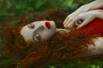 Redhead, model, Agnieszka Lorek, girl, hand, woman, green, red, lips HD wallpaper