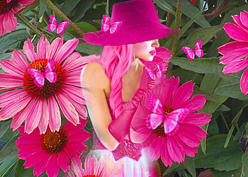 Delicate Pink, colorful, white, vibrant, girl, dress, hot pink, butterflies, pink, vivid, green, bright, bold, flowers, hat HD wallpaper