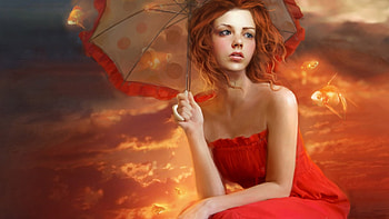 Girl with umbrella, umbrella, art, fantasy, red, parasol, luminos, redhead, dress, fire HD wallpaper