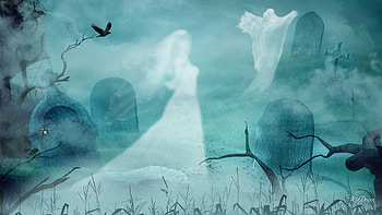 Haunted by Her Dreams, ghosts, cemetery, gravestones, birds, scary, goth, mystical, creepy, mist, halloween, fog, gothic, haunting, tree, raven, graves, haunted, graveyard HD wallpaper