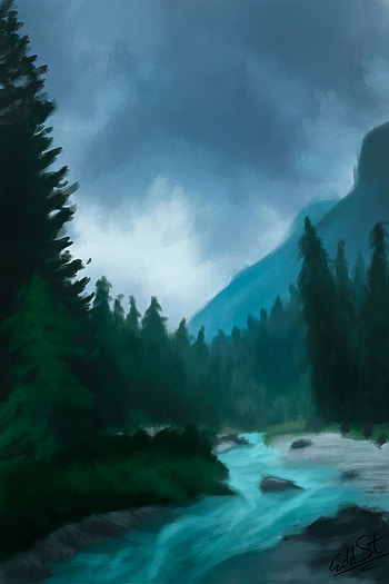 Landscape, Rivers, Trees, Art, Mountain HD phone wallpaper