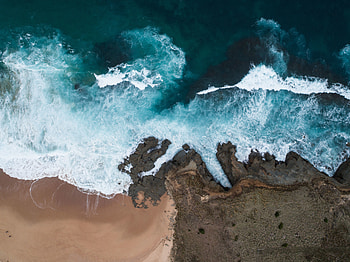 Beach, coast, sea waves, sea, aerial view HD wallpaper