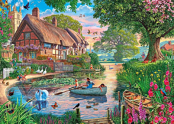 Sundown, boat, church, lake, kingfisher, cottage, swan, flowers, postman, foxes, water, geese HD wallpaper