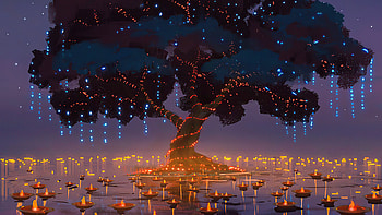 Worship of tree, lake, night, fantasy art HD wallpaper