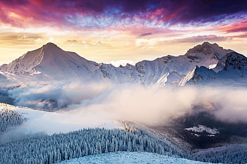 Landscape, mountains, winter, forest, clouds HD wallpaper