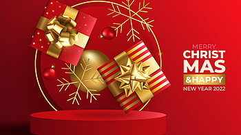 Merry Christmas Golden Red Gift Boxes Snowflakes Balls Ornaments Christmas HD wallpaper