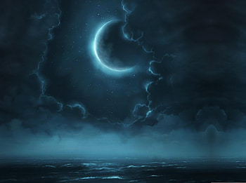 Eclipse, night, blue, sea, summer, moon, fantasy, 2017, luna, sky, luminos, cloud HD wallpaper