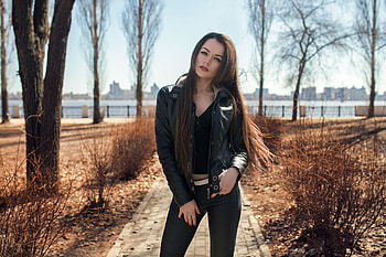 Leather Jacket Girl Outdoors, leather, jacket, girls, model, outdoors HD wallpaper