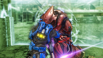 Headeater, blue, vs, spartan, head, invasion, eat, elite, red, Halo HD wallpaper