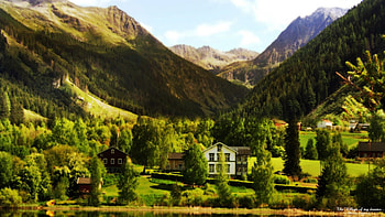 the village of my dreams, trees, mountains, valley, village HD wallpaper