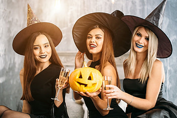 Witches, halloween, black, model, pumpkin, girl, hat, trio, witch HD wallpaper