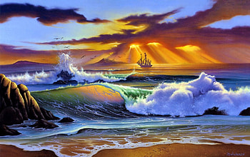 Sunset, sea, boat, abstract, fantasy, beach HD wallpaper