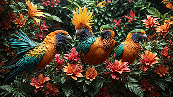 Colorful Birds, bird, colorful, flower, jungle, tree HD wallpaper