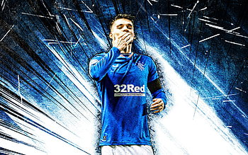 Ianis Hagi, grunge art, Rangers FC, romanian footballers, blue abstract rays, soccer, Ianis Hagi , Ianis Hagi Rangers HD wallpaper