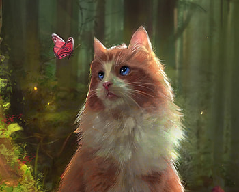 Cat, pisici, butterfly, fantasy, art, beth gilbert, luminos, frumusete, gorgeous, superb HD wallpaper