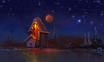 Art, Night, Moon, Lights, Hut HD wallpaper