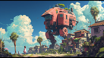 Anime Mecha in Scenic Town, Anime, mecha, giant robot, futuristic HD wallpaper