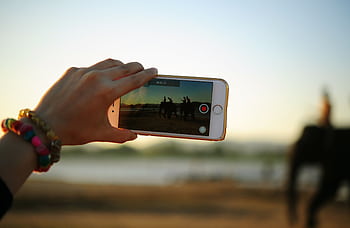 A colorful bracelet-adorned hand holding a smart capturing elephants in the distance. HD wallpaper