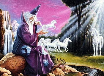 Fantasy Wizard, unicorns, sunlight, waterfall, wizard, stream HD wallpaper
