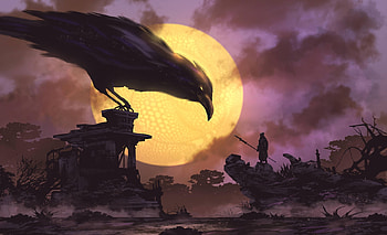 The messenger, black, bird, art, man, raven, pink, crow, fantasy, moon, yellow, luminos, pasari, sun, silhouette HD wallpaper