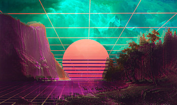 Retro wave, digital art, moon, mountains, forest HD wallpaper