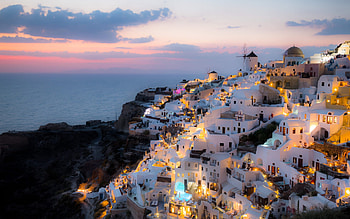 Santorini, evening, sunset, Aegean, Santorini panorama, Santorini cityscape, seascape, Greece HD wallpaper