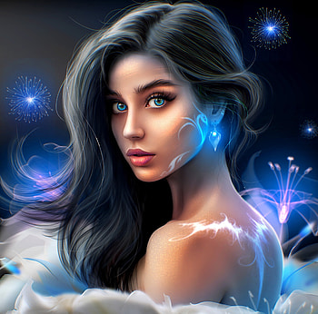 Girl, blue, art, fantasy, butterfly, minidem, face, luminos HD wallpaper
