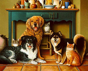 Friends posing for painting, dog, kitten, table, puppy, painting, art, cat, friend HD wallpaper